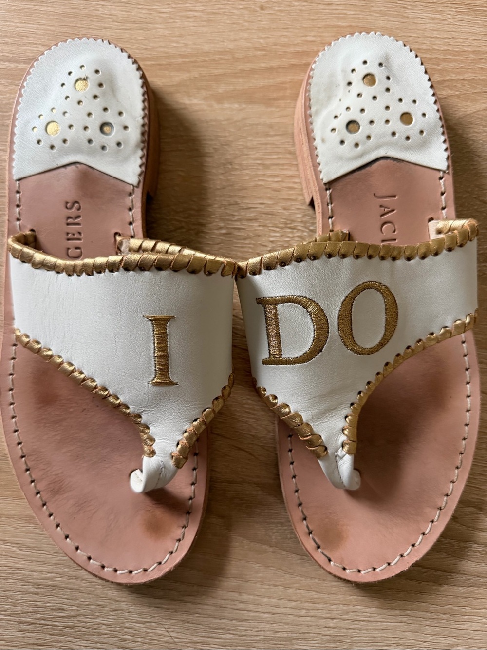 Jack Rogers White & Gold Bridal Leather Thong Sandals